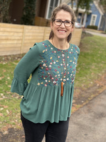 Hunter Green Embroidered Babydoll Top